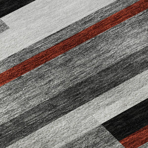 HomeRoots 8' Gray Red Silver Striped Washable Round Rug - Durable, Stain-Resistant, UV-Protected for Any Room 675771