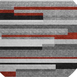 HomeRoots 8' Gray Red Silver Striped Washable Round Rug - Durable, Stain-Resistant, UV-Protected for Any Room 675771