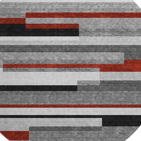 HomeRoots 8' Gray Red Silver Striped Washable Round Rug - Durable, Stain-Resistant, UV-Protected for Any Room 675771