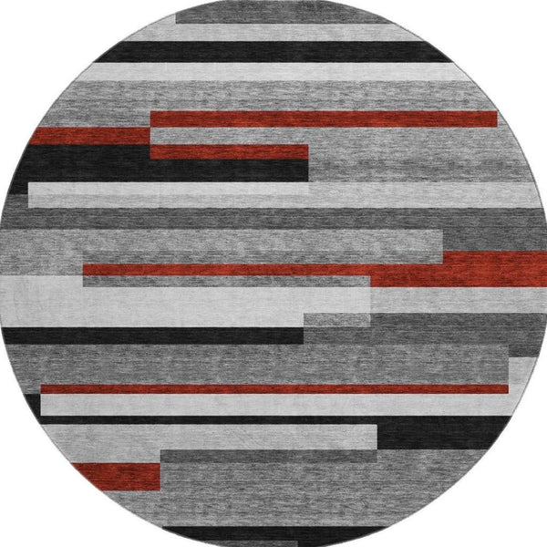 HomeRoots 8' Gray Red Silver Striped Washable Round Rug - Durable, Stain-Resistant, UV-Protected for Any Room 675771