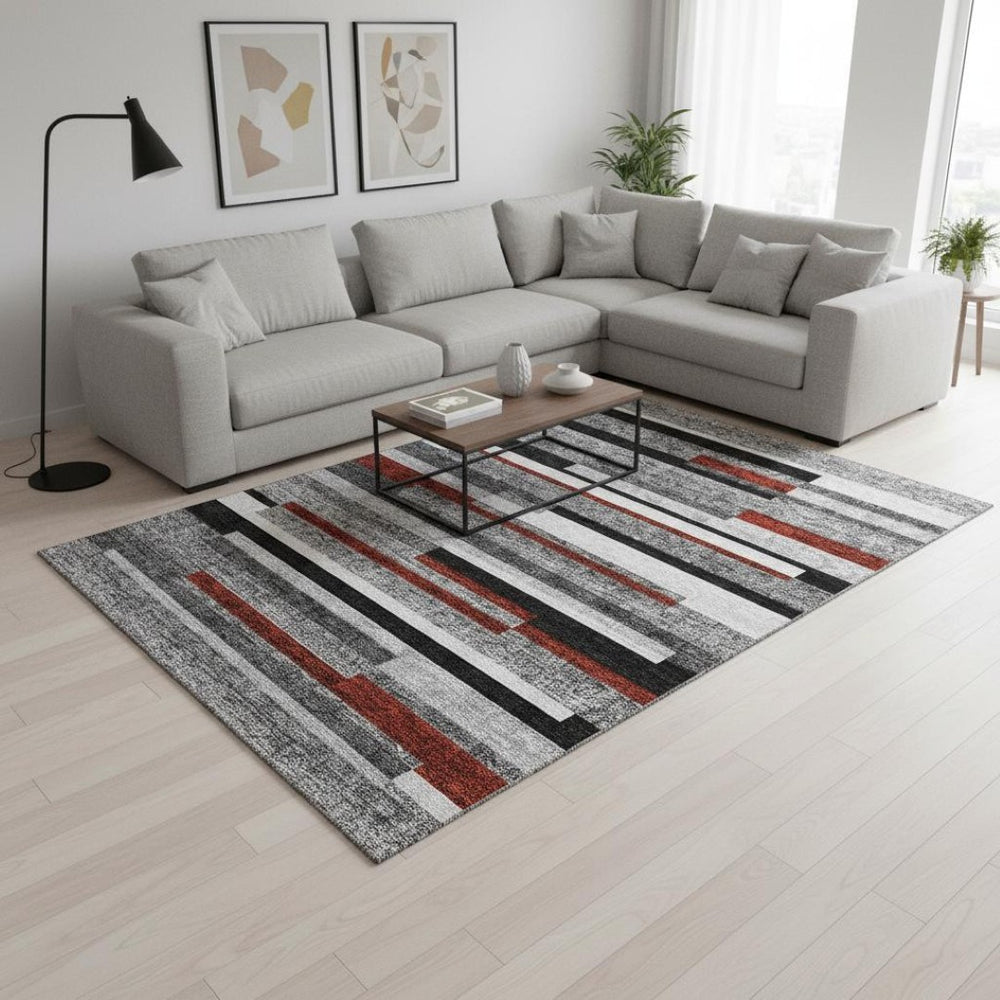 HomeRoots 8' X 10' Gray, Red & Silver Striped Area Rug – Durable, Washable, UV Protected for Kids & Pets! 675772