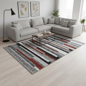 HomeRoots 8' X 10' Gray, Red & Silver Striped Area Rug – Durable, Washable, UV Protected for Kids & Pets! 675772