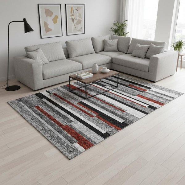 HomeRoots 8' X 10' Gray, Red & Silver Striped Area Rug – Durable, Washable, UV Protected for Kids & Pets! 675772