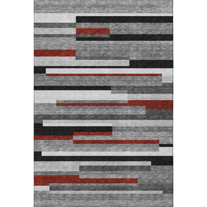 HomeRoots 8' X 10' Gray, Red & Silver Striped Area Rug – Durable, Washable, UV Protected for Kids & Pets! 675772