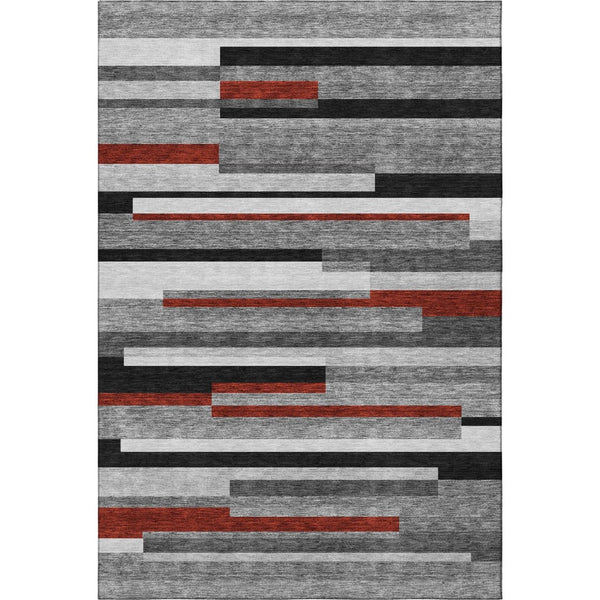 HomeRoots 8' X 10' Gray, Red & Silver Striped Area Rug – Durable, Washable, UV Protected for Kids & Pets! 675772