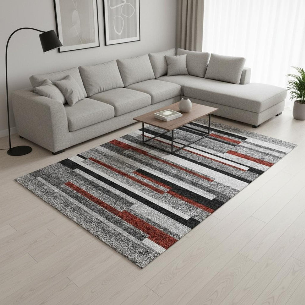 HomeRoots 9' X 12' Striped Area Rug in Gray, Red & Silver - Washable, Stain Resistant, UV Protected for Durability 675773