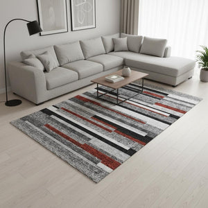 HomeRoots 9' X 12' Striped Area Rug in Gray, Red & Silver - Washable, Stain Resistant, UV Protected for Durability 675773