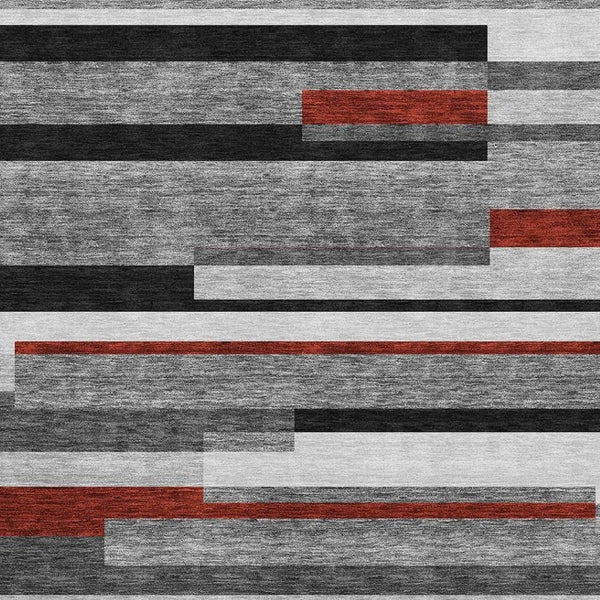 HomeRoots 9' X 12' Striped Area Rug in Gray, Red & Silver - Washable, Stain Resistant, UV Protected for Durability 675773