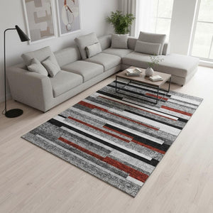 HomeRoots 10' X 14' Stylish Gray, Red & Silver Striped Washable Area Rug with UV Protection for Busy Homes 675774