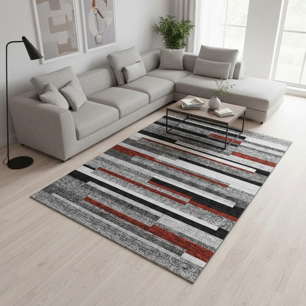 HomeRoots 10' X 14' Stylish Gray, Red & Silver Striped Washable Area Rug with UV Protection for Busy Homes 675774