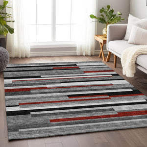 HomeRoots 10' X 14' Stylish Gray, Red & Silver Striped Washable Area Rug with UV Protection for Busy Homes 675774