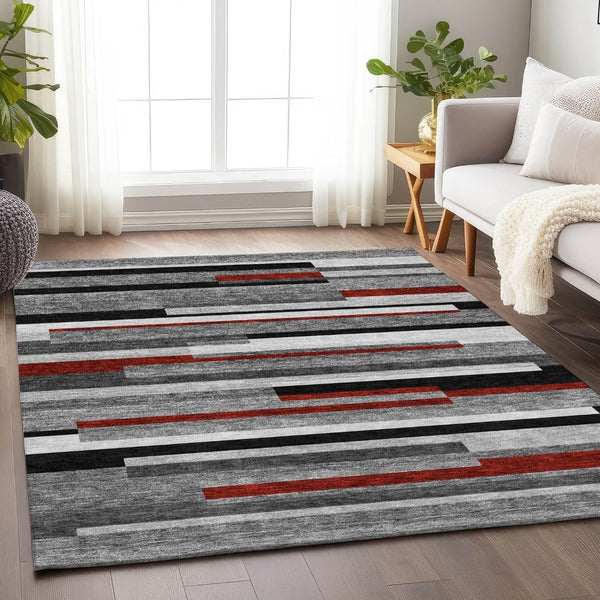 HomeRoots 10' X 14' Stylish Gray, Red & Silver Striped Washable Area Rug with UV Protection for Busy Homes 675774