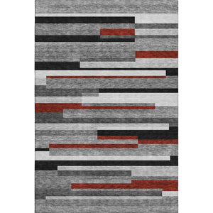 HomeRoots 10' X 14' Stylish Gray, Red & Silver Striped Washable Area Rug with UV Protection for Busy Homes 675774