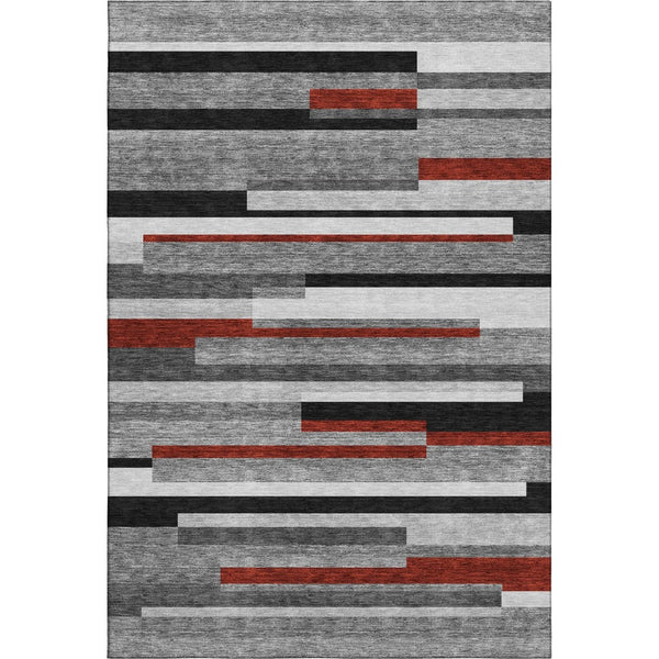 HomeRoots 10' X 14' Stylish Gray, Red & Silver Striped Washable Area Rug with UV Protection for Busy Homes 675774