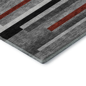 HomeRoots 10' X 14' Stylish Gray, Red & Silver Striped Washable Area Rug with UV Protection for Busy Homes 675774
