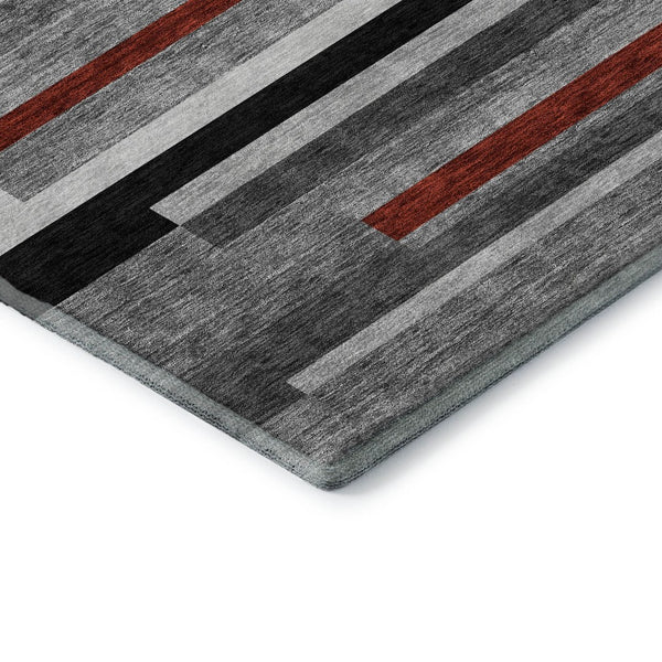HomeRoots 10' X 14' Stylish Gray, Red & Silver Striped Washable Area Rug with UV Protection for Busy Homes 675774