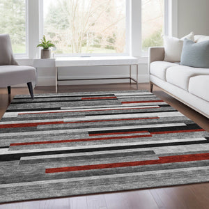 HomeRoots 10' X 14' Stylish Gray, Red & Silver Striped Washable Area Rug with UV Protection for Busy Homes 675774