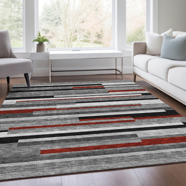 HomeRoots 10' X 14' Stylish Gray, Red & Silver Striped Washable Area Rug with UV Protection for Busy Homes 675774