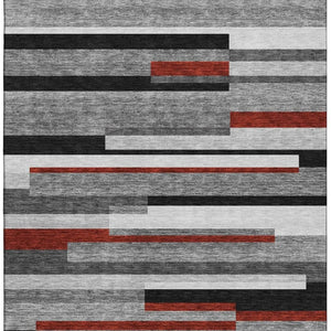 HomeRoots 10' X 14' Stylish Gray, Red & Silver Striped Washable Area Rug with UV Protection for Busy Homes 675774
