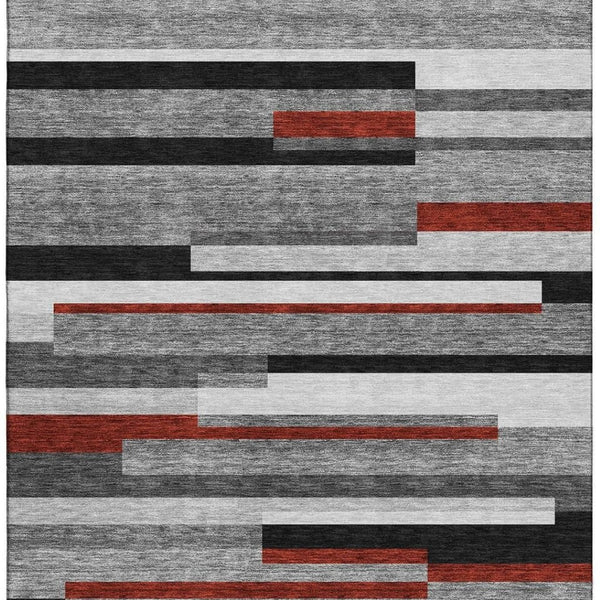 HomeRoots 10' X 14' Stylish Gray, Red & Silver Striped Washable Area Rug with UV Protection for Busy Homes 675774