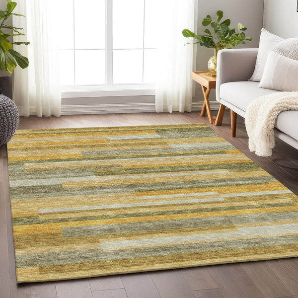 HomeRoots 5' X 8' Amber Ivory Gray Striped Area Rug – Washable, Stain-Resistant & UV Protected for Homes 675776