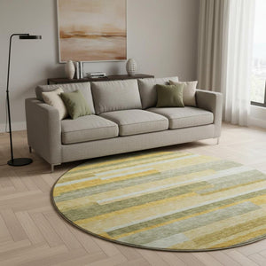 HomeRoots 8' Stylish Amber, Ivory & Gray Striped Washable Round Rug - Durable, UV-Protected, Easy Care Design 675777