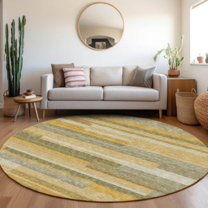 HomeRoots 8' Stylish Amber, Ivory & Gray Striped Washable Round Rug - Durable, UV-Protected, Easy Care Design 675777