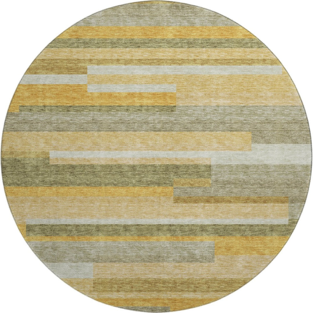 HomeRoots 8' Stylish Amber, Ivory & Gray Striped Washable Round Rug - Durable, UV-Protected, Easy Care Design 675777