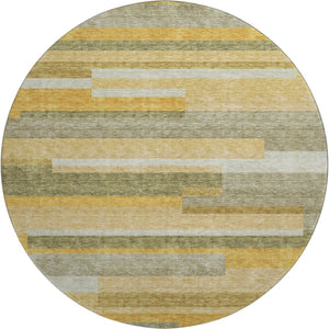 HomeRoots 8' Stylish Amber, Ivory & Gray Striped Washable Round Rug - Durable, UV-Protected, Easy Care Design 675777