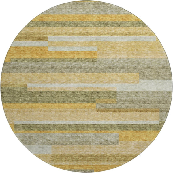 HomeRoots 8' Stylish Amber, Ivory & Gray Striped Washable Round Rug - Durable, UV-Protected, Easy Care Design 675777