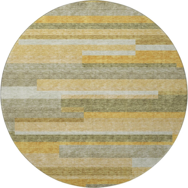 HomeRoots 8' Stylish Amber, Ivory & Gray Striped Washable Round Rug - Durable, UV-Protected, Easy Care Design 675777