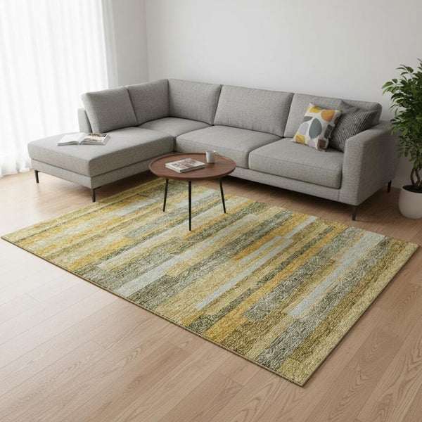 HomeRoots 9' X 12' Striped Area Rug in Amber, Ivory & Gray – Durable, Washable, UV Protected for Modern Homes 675779