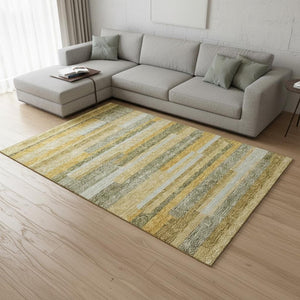 HomeRoots 10' X 14' Striped Washable Area Rug in Amber, Ivory & Gray - UV Protection for High-Traffic Spaces 675780