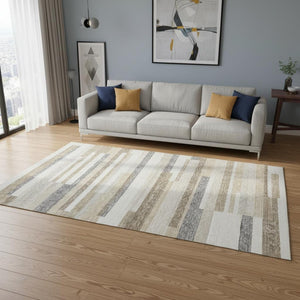 HomeRoots 5' X 8' Ivory Gray Beige Striped Area Rug - Washable, Stain Resistant, UV Protected for Family Homes 675782