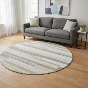 HomeRoots 8' Washable Round Rug in Ivory, Gray & Beige Stripes - UV-Protected, Durable & Easy Care for Families 675783