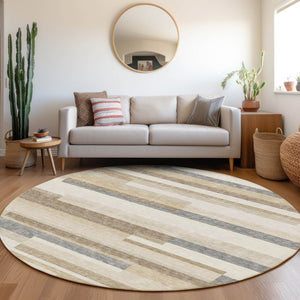 HomeRoots 8' Washable Round Rug in Ivory, Gray & Beige Stripes - UV-Protected, Durable & Easy Care for Families 675783