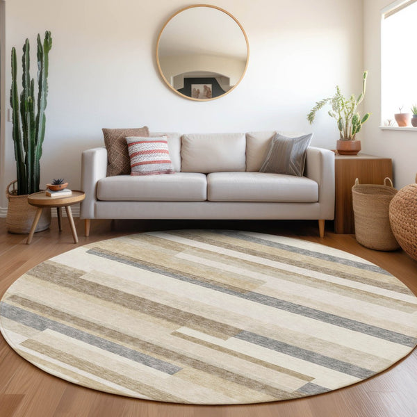 HomeRoots 8' Washable Round Rug in Ivory, Gray & Beige Stripes - UV-Protected, Durable & Easy Care for Families 675783