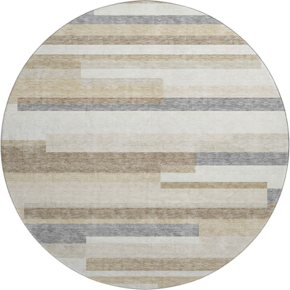 HomeRoots 8' Washable Round Rug in Ivory, Gray & Beige Stripes - UV-Protected, Durable & Easy Care for Families 675783