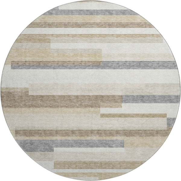 HomeRoots 8' Washable Round Rug in Ivory, Gray & Beige Stripes - UV-Protected, Durable & Easy Care for Families 675783