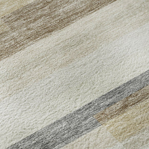HomeRoots 8' Washable Round Rug in Ivory, Gray & Beige Stripes - UV-Protected, Durable & Easy Care for Families 675783