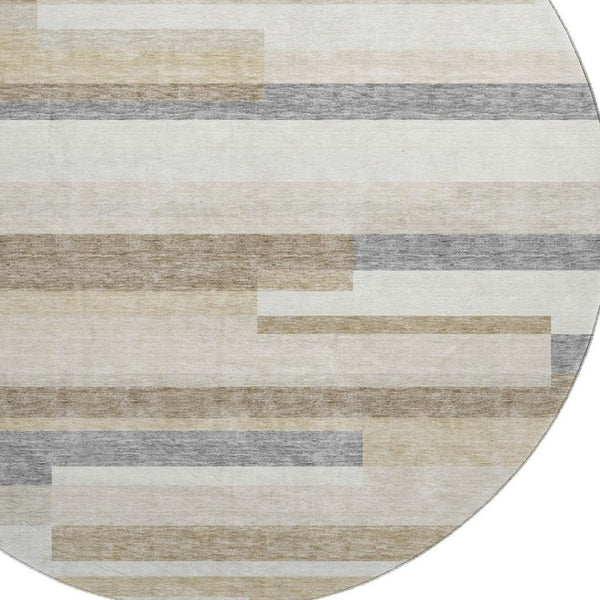 HomeRoots 8' Washable Round Rug in Ivory, Gray & Beige Stripes - UV-Protected, Durable & Easy Care for Families 675783