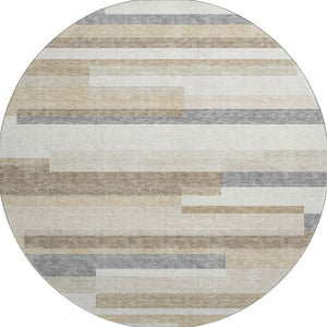 HomeRoots 8' Washable Round Rug in Ivory, Gray & Beige Stripes - UV-Protected, Durable & Easy Care for Families 675783