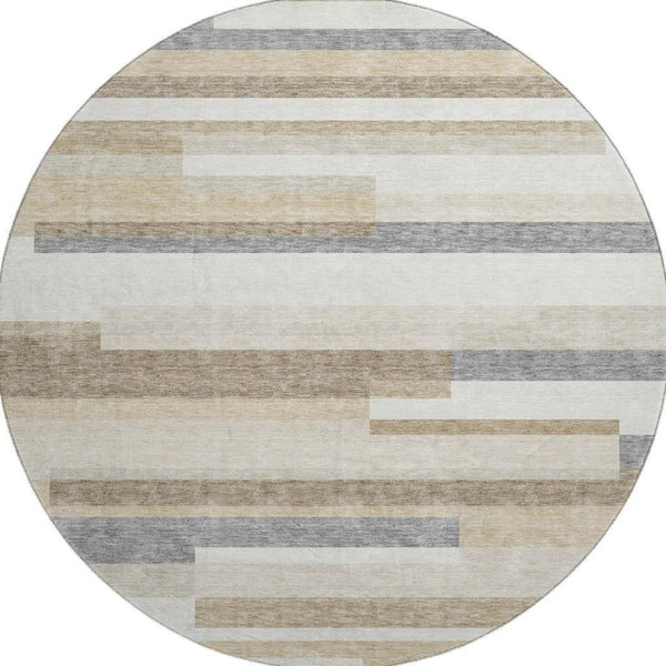 HomeRoots 8' Washable Round Rug in Ivory, Gray & Beige Stripes - UV-Protected, Durable & Easy Care for Families 675783