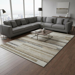 HomeRoots 8' X 10' Ivory Gray Beige Striped Washable Area Rug - Stylish, Stain Resistant & UV Protected Design! 675784