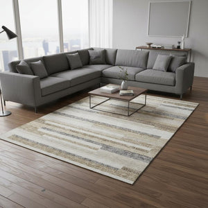 HomeRoots 9' X 12' Ivory Gray Beige Striped Area Rug - Washable, Stain Resistant, UV Protected for Style & Durability 675785