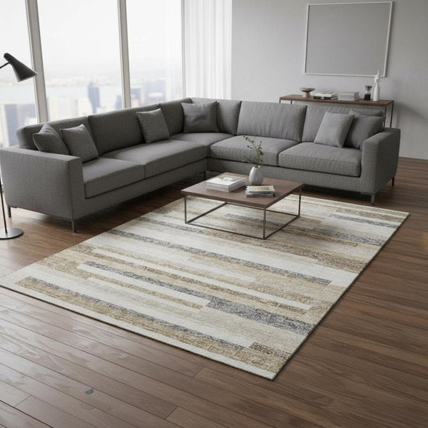 HomeRoots 9' X 12' Ivory Gray Beige Striped Area Rug - Washable, Stain Resistant, UV Protected for Style & Durability 675785