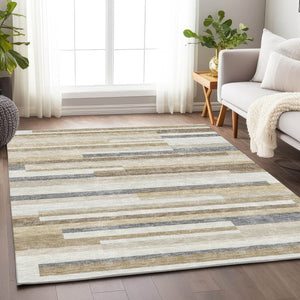 HomeRoots 9' X 12' Ivory Gray Beige Striped Area Rug - Washable, Stain Resistant, UV Protected for Style & Durability 675785