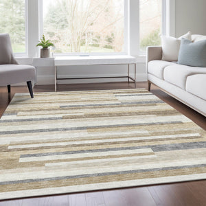 HomeRoots 9' X 12' Ivory Gray Beige Striped Area Rug - Washable, Stain Resistant, UV Protected for Style & Durability 675785