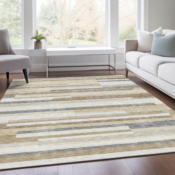 HomeRoots 9' X 12' Ivory Gray Beige Striped Area Rug - Washable, Stain Resistant, UV Protected for Style & Durability 675785