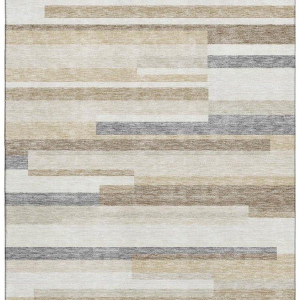 HomeRoots 9' X 12' Ivory Gray Beige Striped Area Rug - Washable, Stain Resistant, UV Protected for Style & Durability 675785